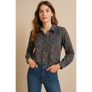 Talbots Paisley Boho Button Down Cotton Shirt Size X